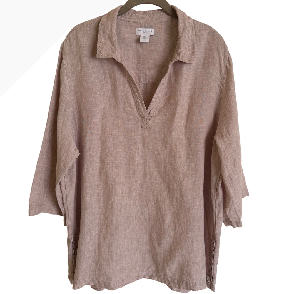 Antibes Blanc Womens 1X Linen Tunic Popover Shirt Beige Shell Buttons Lagenlook